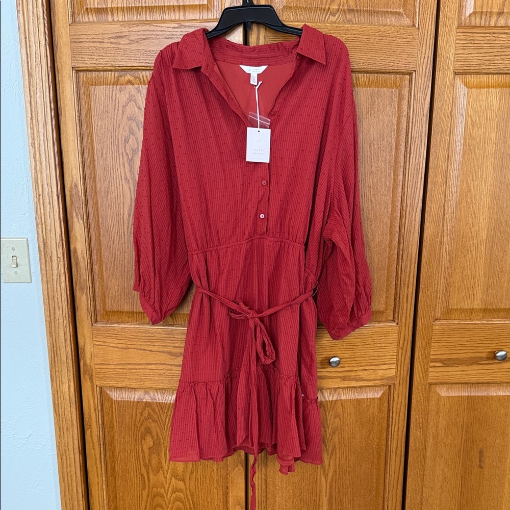 LC Lauren Conrad Rust Red Button-Front Waist Tie Mini Dress